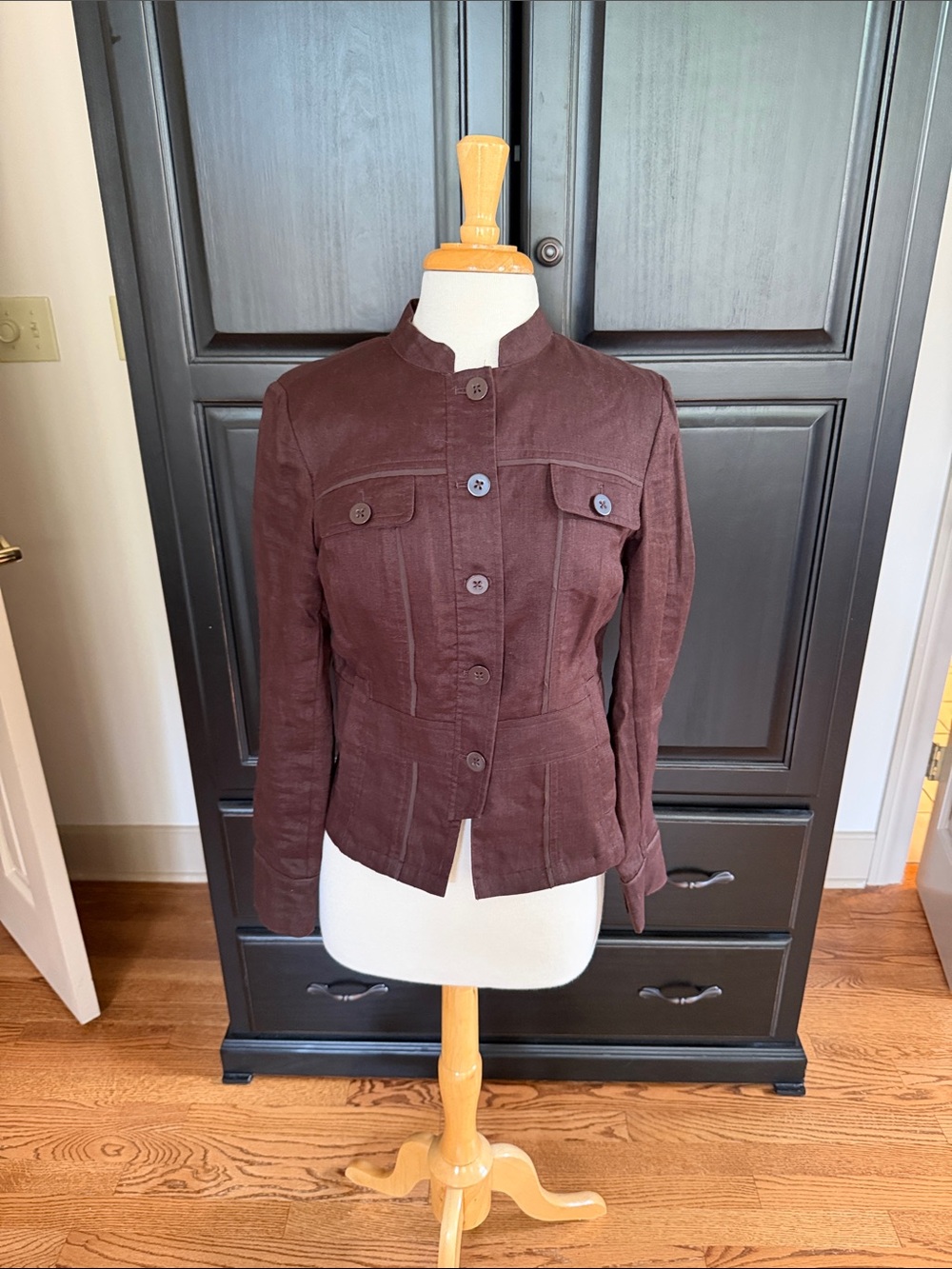 Chocolate brown jacket, with ribbon detailing.